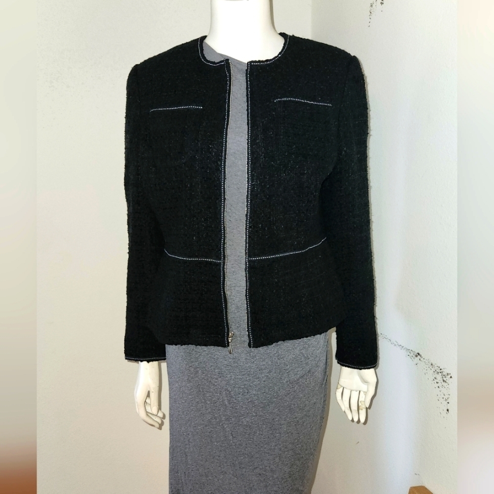 Etta James black tweed blazer, size 10 petite EUC